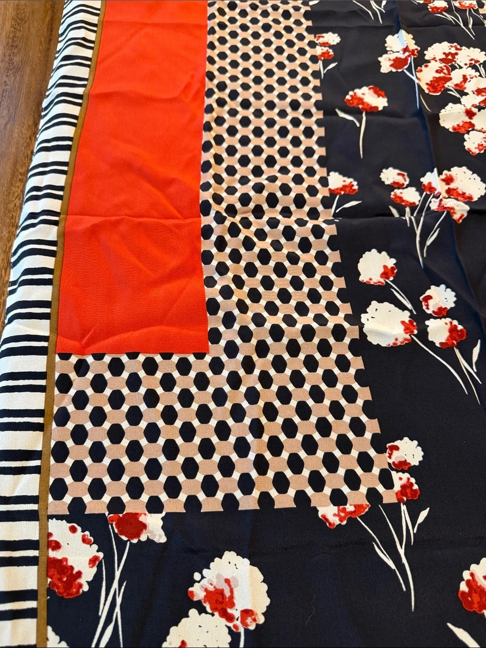 Tory Burch Navy Floral Silk Scarf with Red Panels